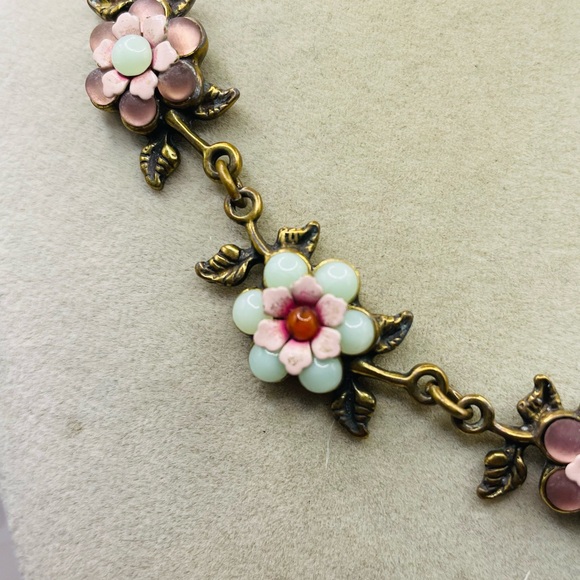 Michal Negrin Antique Tone Floral Necklace with Pink and Green Flowers. 16 inch - Picture 4 of 10